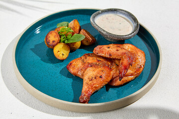 Wall Mural - Roasted chicken with baked potato and creamy sauce on ceramic dish. Main course from chicken on white background. Simple food in minimalistic style. Golden chicken with potatoes.