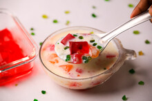 Fruit Custard In A Glass Bowl,jelly Custard,tutti Frooti Custard,milk Custard Closeup With Selective Focus And Blur