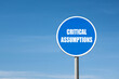 'Critical assumptions' sign in blue round frame. Blue sky is on background