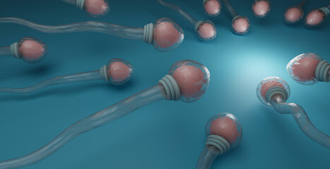 group of spermatozoa swimming on a blue background towards a light area, fertility concept. 3D illustration