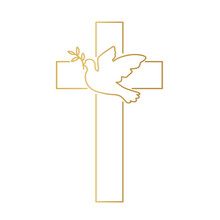 Golden Dove With Olive Branch, Holy Spirit, Crucifixion, Obituary Symbol- Vector Illustration
