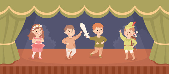 Sticker - Children in Theater Play Wearing Costumes Performing on Stage Vector Illustration