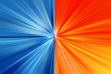 Abstract Radial Zoom Blur Surface In Orange And Blue Tones. Bright Blue Orange Background With Radial, Radiating, Converging Lines. The Background Is Divided Into Two Parts.	