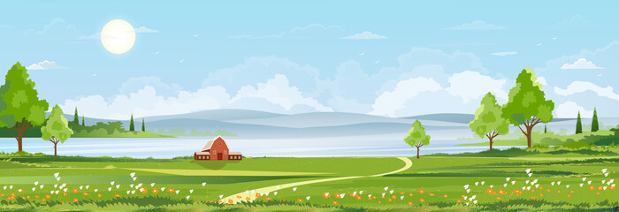 Wall Mural - Spring landscape at village by the lake with green fields,mountain, blue sky and clouds, Vector nature cartoon scenery Summertime,Panoramic rural countryside by river with clear sky in morning
