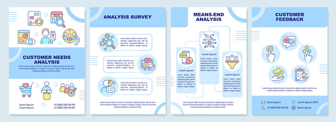 Customer needs analysis brochure template. Marketing strategy. Leaflet design with linear icons. 4 vector layouts for presentation, annual reports. Arial-Black, Myriad Pro-Regular fonts used