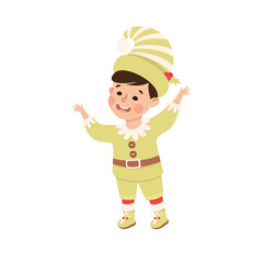 Sticker - Little Boy in Theater Play Wearing Green Elf Costume Performing on Stage Vector Illustration