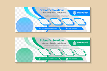 Wall Mural - banner template design with example headline is Scientific Solutions. Curve for space of photo collage. Advertising banner with horizontal layout. blue and green element and white background.