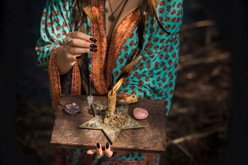 White magic, casting and cleansing aura with a power of nature from negative energy, love spell, old European magic for a love, fate, luck