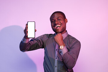 Wall Mural - excited african man showing his phone screen