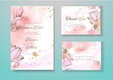 Wedding Floral Invitation In Watercolor And Pastel. Magnolias And Pink Splashes, Spots. Save The Date, Thanks. RSVP Card Design. Golden Pale Pink Flowers. Vector Art Template Set