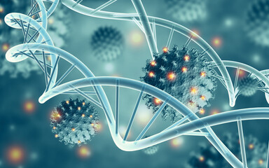 Human cell biology DNA strands and virus molecular structure.3d illustration