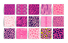Wild Safari Animal Seamless Pattern Pink Collection. Vector Leopard, Cheetah, Tiger, Giraffe, Zebra, Snake Skin Texture Set For Fashion Print Design, Fabric, Textile, Background, Wallpaper.