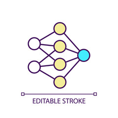 Neural network RGB color icon. Node and cells connection. Schematic deep learning. Machine algorithm. Isolated vector illustration. Simple filled line drawing. Editable stroke. Arial font used