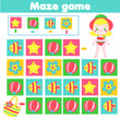 Maze game. Labyrinth with navigation. Help girl find tote bag