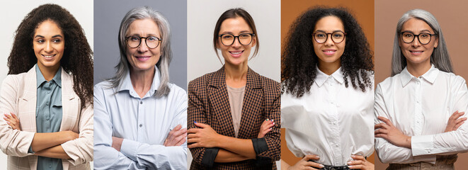 Collage banner with photos of confident business women in smart casual wear, several ambitious diverse female office employees standing with arms crossed isolated. Female power concept