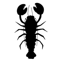 Wall Mural - Black silhouette of sea crayfish, top view of silhouette of marine animal. Vector illustration isolated on white background