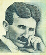 Portrait of Nikola Tesla, famous serbian scientist, engraving on old banknote of the bank of Serbia