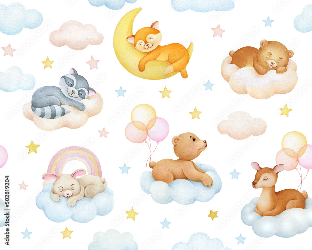 Cute dreaming cartoon animal hand drawn watercolor illustration ...