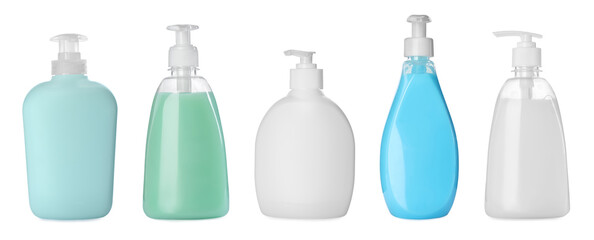 Sticker - Set with different bottles of liquid soap on white background. Banner design