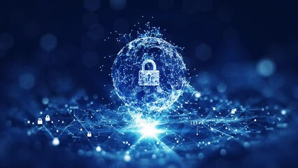 Fototapete - Spherical interconnected polygons, with a large padlock inside, prominent in the center, light below. Binary code polygons and small padlocks Center focus, blur outside with dark blue background.