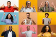 Collage of photos with happy excited multiracial diverse people celebrating victory, raising fists up in triumph gesture. Lucky men and women are rejoicing achievement goals