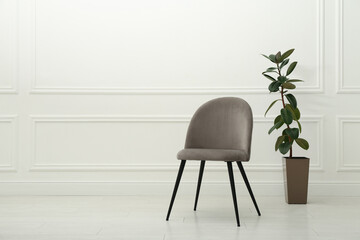 Wall Mural - Modern beige chair and beautiful houseplant near white wall indoors. Space for text