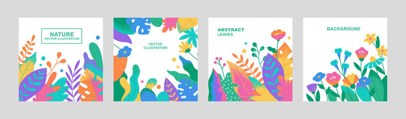 Wall Mural - Set of cards with simple leaves and flowers. Abstract foliage design. Modern floral collection in flat style. Vector illustration.