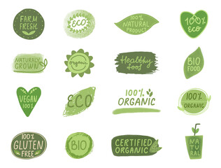 Leinwandbilder - Organic certified label set. Nature vegetarian badge. Vegan healthy food logo. Farm fresh icon. Eco fiendly, bio product. Circle tag. Green leaf emblem. Quality symbol.Gluten free.Vector illustration