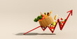 Food cost rising concept. Basket full of groceries and red arrow pointing up 3D Rendering, 3D Illustration	