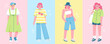 © Mari Dambi - Set of cute girls in stylish modern outfits. Vector illustration of young women wearing fashionable casual clothes. Trendy female fashion concept in colorful flat style.