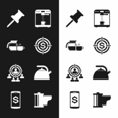 Sticker - Set Target with dollar, Coffee pot cup, Push pin, machine and, Marketing target strategy and Kettle handle icon. Vector