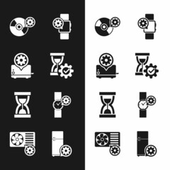 Sticker - Set Hourglass setting, Toaster, CD or DVD disk, Smartwatch, Old hourglass with sand and Wrist icon. Vector