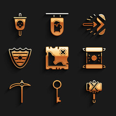 Sticker - Set Pirate treasure map, Old key, Medieval axe, Decree, parchment, scroll, Pickaxe, Shield, Magic arrow and flag icon. Vector