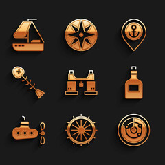 Poster - Set Binoculars, Ship steering wheel, Radar with targets, Rum bottle, Submarine, Dead fish, Location anchor and Yacht sailboat icon. Vector