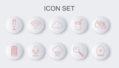 Sticker - Set line Pope hat, Mobile Apps, Cloud, Key, Glass of champagne, Wi-Fi wireless network, Microphone and with rain icon. Vector