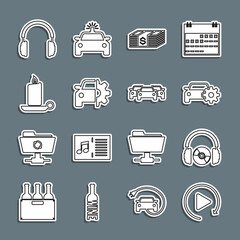 Sticker - Set line Video play button, Headphones and CD or DVD, Car service, Paper money dollars cash, Burning candle in candlestick, and Cars icon. Vector