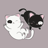 Fototapeta  - Biały i czarny kot. Słodkie śpiące kotki. Relaks. Harmonia Yin Yang. Ilustracja wektorowa.