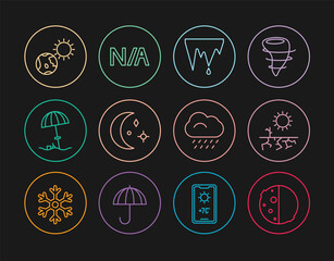 Sticker - Set line Eclipse of the sun, Drought, Icicle, Moon and stars, Sun protective umbrella for beach, Earth globe, Cloud with rain and Not applicable icon. Vector