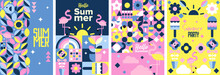 Abstract Geometric Summer Holiday Background. Summer Poster And Flyer Template. Flower, Beach, Bird, Sunglasses, Sand Beach, Umbrella, Ice Cream. Vector Illustration