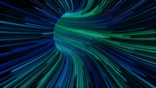 Blue, Purple And Green Colored Swirls Form Abstract Neon Lights Tunnel. 3D Render.