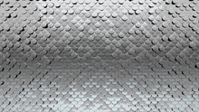 Silver, Luxurious Wall Background With Tiles. Polished, Tile Wallpaper With 3D, Fish Scale Blocks. 3D Render