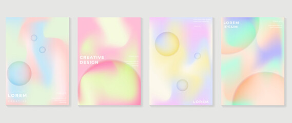 Abstract gradient fluid liquid cover template. Set of modern poster with vibrant graphic color, hologram, circle bubbles, star elements. Minimal style design for brochure, flyer, wallpaper, banner.