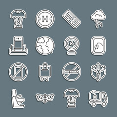 Sticker - Set line Fuel tanker truck, Plane propeller, Airplane window, Airline ticket, Worldwide, Metal detector airport, Parachute and Clock icon. Vector