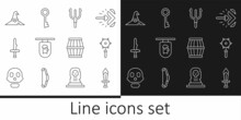 Set Line Sword For Game, Medieval Chained Mace Ball, Neptune Trident, Street Signboard With Bar, Dagger, Witch Hat, Gun Powder Barrel And Old Key Icon. Vector
