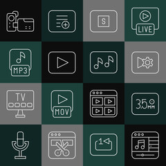 Set line Music player, Audio jack, or video settings, Stop media button, Play, MP3 file, Cinema camera and note, tone icon. Vector