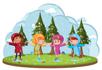 Wall Mural - Isolated outdoor park with children playing raining