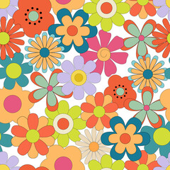 Seamless pattern with Groovy retro flowers. Hippie endless background in 1970s style. Vector Disco flowers daisy on white background