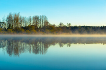 Wall Mural - beautiful morning over the river with sunlight and fog. wood reflection in water.