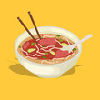 Pho bo soup in a bowl. Traditional spicy vietnamese meal with noodles and broth. Plate with lime and chopstick on white background. Colourful vector illustration
