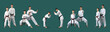 Set of karate instructor and his student on green background